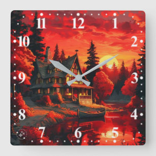 Sunset Painting with Cottage and Lake-66633 Square Wall Clock