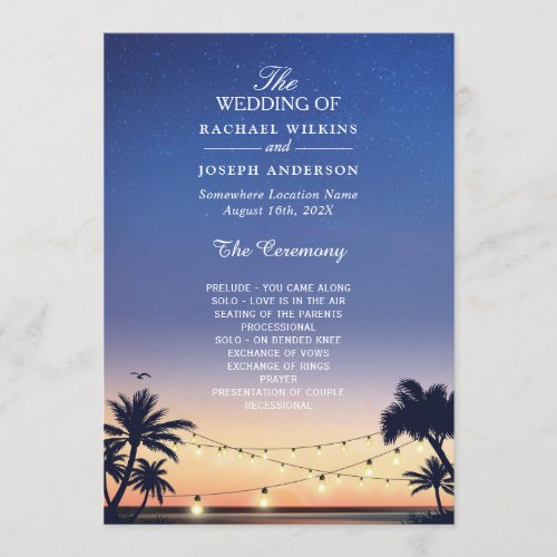 Sunset Palm Beach String Lights Wedding Program