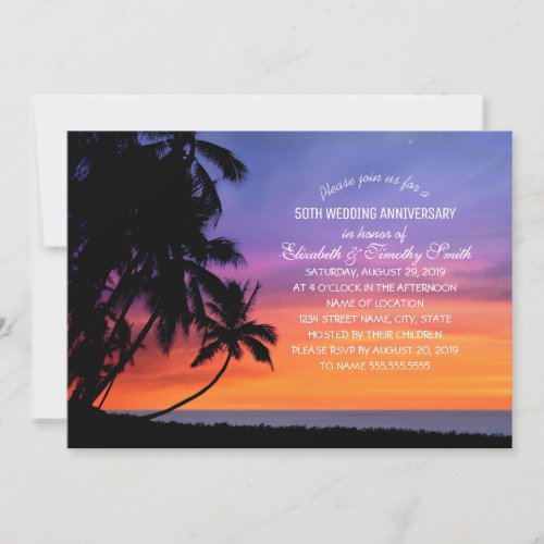 Sunset Palm Tree Beach Wedding Anniversary Party Invitation