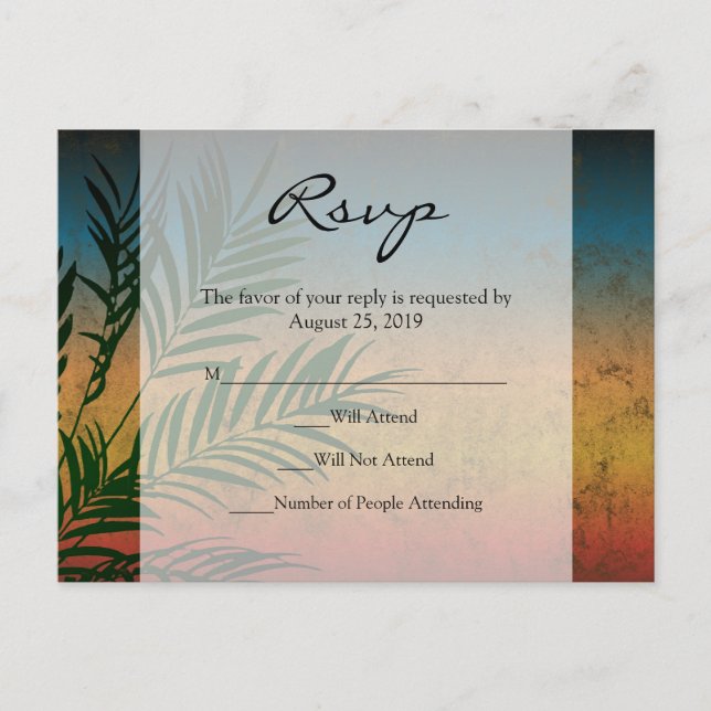 Sunset Palm Tree Branch Wedding RSVP Cards (Front)