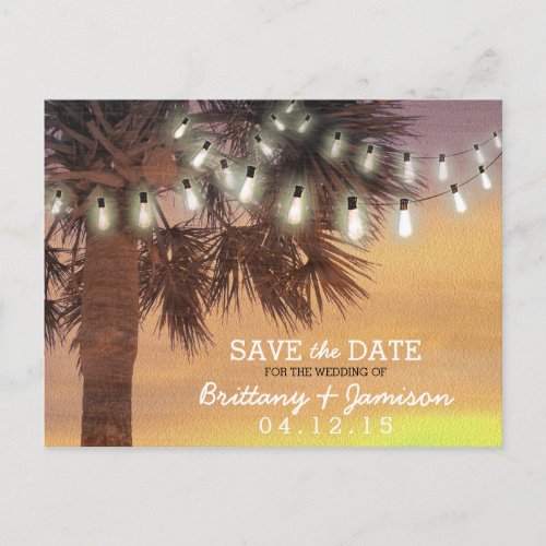 Sunset Palm Tree String Lights Save the Date Announcement Postcard