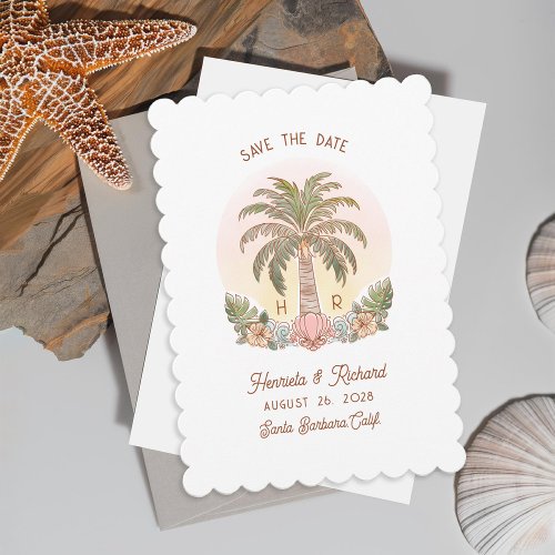 Sunset Palm Tree Watercolor Monogram Beach Save The Date