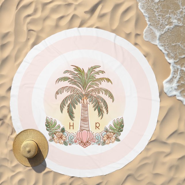 Sunset Palm Tree Watercolor Monogram Beach Towel (Beach)