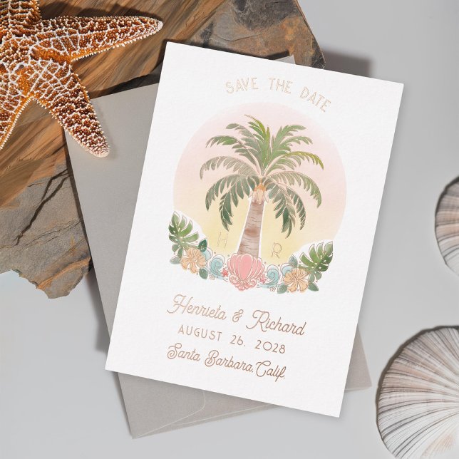 Sunset Palm Tree Watercolor Save the Date Foil Invitation (Creator Uploaded)