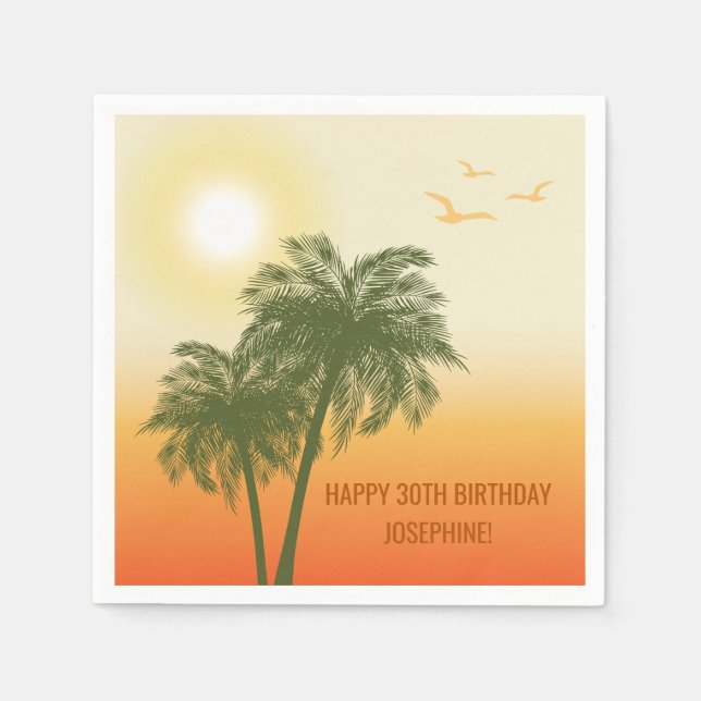 Sunset Palm Trees And Birds Tropical Birthday Napkins (Front)
