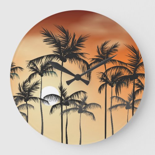 Sunset Palm Trees Beach Summer Large Clock