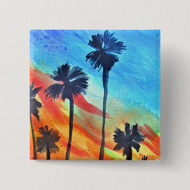 Sunset Palm trees beach surf art Button (Front)