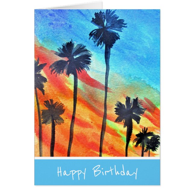 Sunset Palm trees beach surf art Cards (Front)