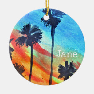Sunset Palm trees beach surf art Ceramic Ornament