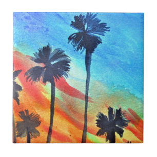 Sunset Palm trees beach surf art Ceramic Tile