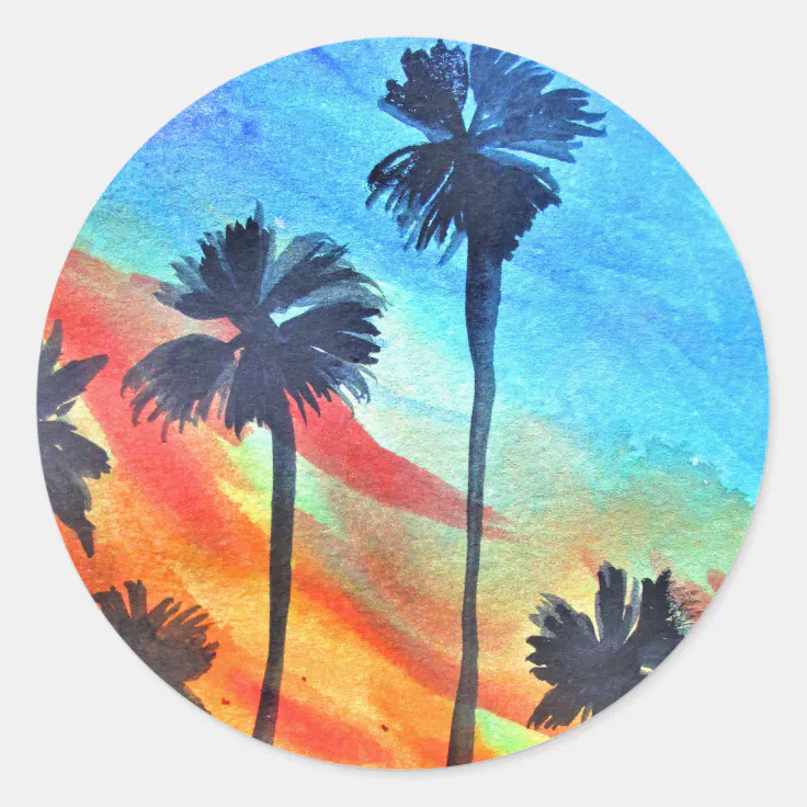 Sunset Palm trees beach surf art Classic Round Sticker | Zazzle