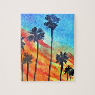 Sunset Palm trees beach surf art Jigsaw Puzzle