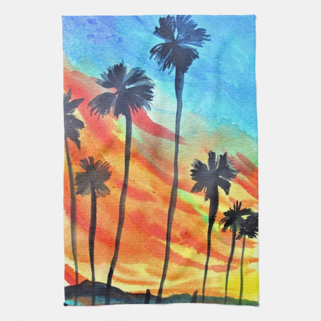 Sunset Palm trees beach surf art Kitchen Towel (Vertical)