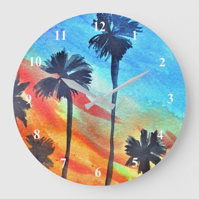 Sunset Palm trees beach surf art Large Clock (Front)