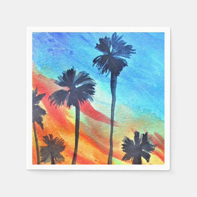 Sunset Palm trees beach surf art Napkins (Front)