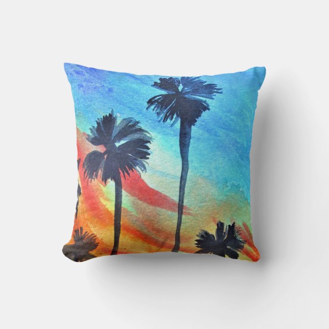 Sunset Palm trees beach surf art Throw Pillow (Front)