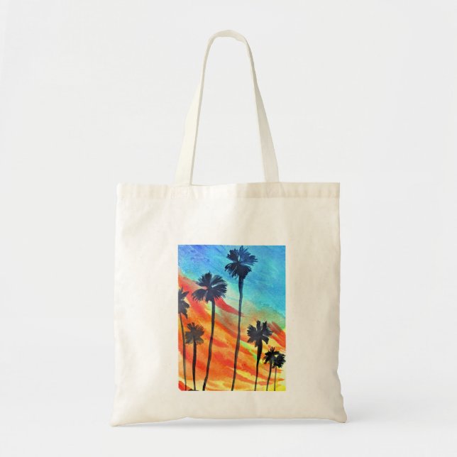 Sunset Palm trees beach surf art Tote Bag (Front)