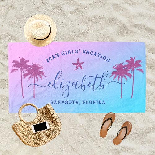 Sunset Palm Trees Blue Girls Vacation Custom Beach Towel