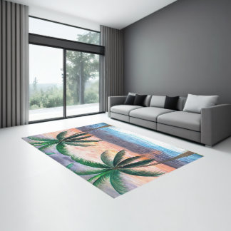 Sunset palm trees coastal beach house area rug. rug