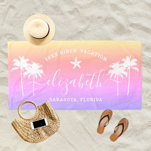Sunset Palm Trees Coral Girls Vacation Beach Towel