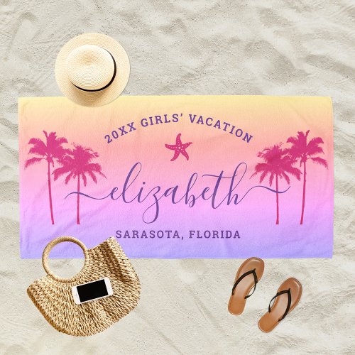 Sunset Palm Trees Custom Purple Girls Vacation Beach Towel