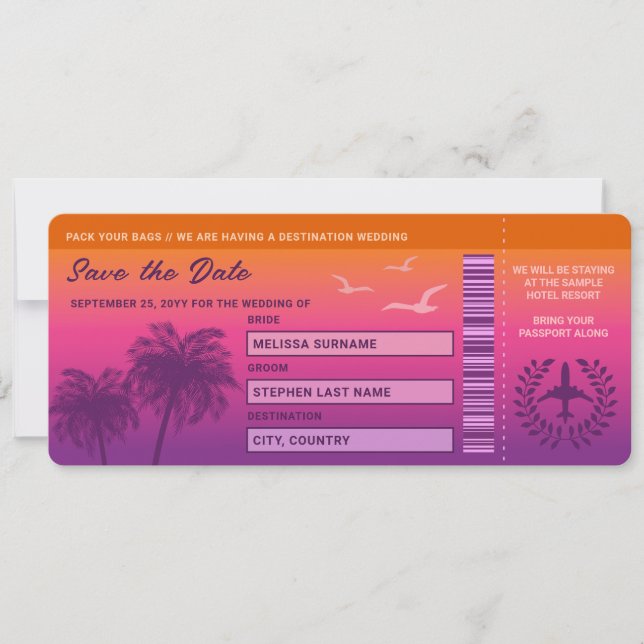 Sunset Palm Trees Faux Boarding Pass Save The Date Invitation (Front)