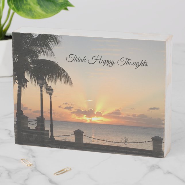 Sunset Palm Trees Happy Thoughts Personalize Wooden Box Sign (In Situ Horizontal)