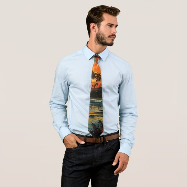 Sunset Palm Trees Island Paradise Beach Cove Neck Tie (In Situ)