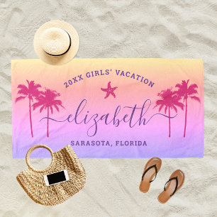 Sunset Palm Trees Purple Girls Vacation Beach Towel
