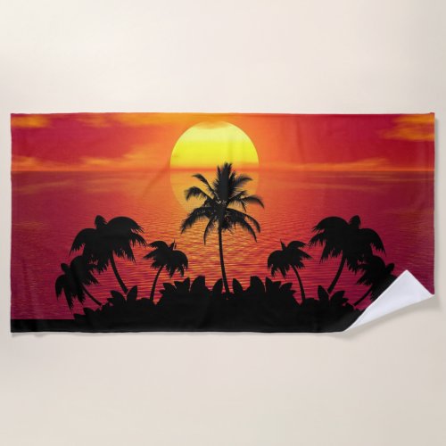 Sunset Palm Trees Silhouettes Illustration  Beach Towel