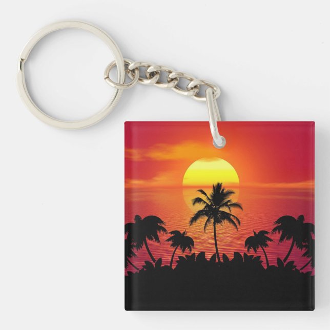Sunset Palm Trees Silhouettes Illustration Keychain (Front)