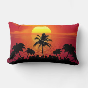 Sunset Palm Trees Silhouettes Illustration Lumbar Pillow