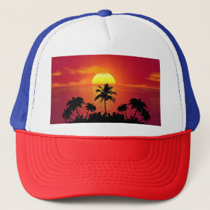 Sunset Palm Trees Silhouettes Illustration Trucker Hat
