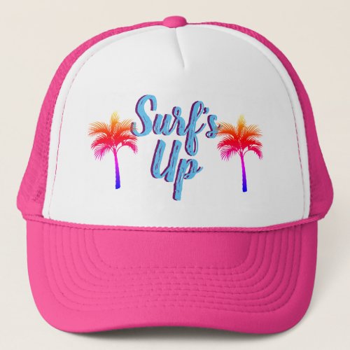 Sunset Palm Trees Surfs Up Trucker Hat