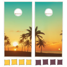Sunset Palm Trees Tropical Beach Cornhole Set