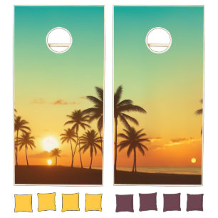 Sunset Palm Trees Tropical Beach Cornhole Set