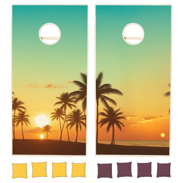 Sunset Palm Trees Tropical Beach Cornhole Set (Set)