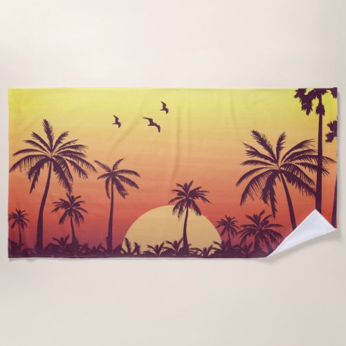 Sunset Palm Trees Tropical Beach Towel