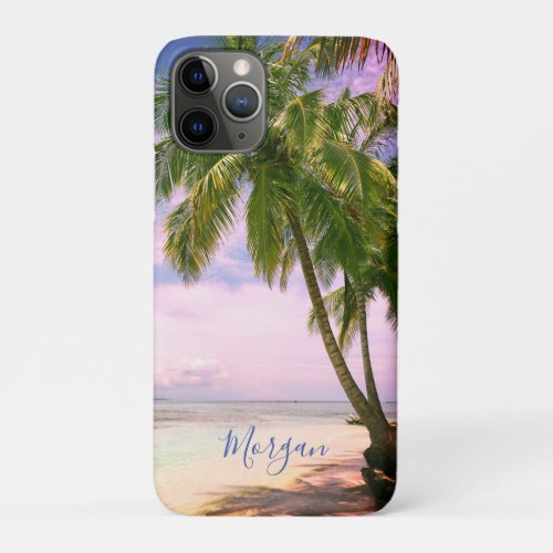 Sunset Palm Trees Your Photo Name Blue Script iP iPhone 11 Pro Case