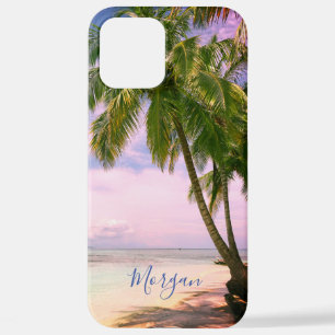 Sunset Palm Trees, Your Photo, Name Blue Script iPhone 12 Pro Max Case
