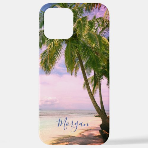 Sunset Palm Trees Your Photo Name Blue Script iPhone 12 Pro Max Case