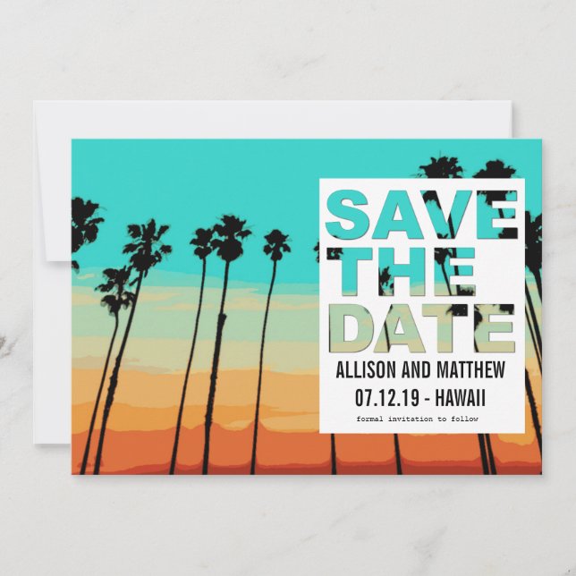 Sunset Palms Modern Beach Save the Dates Date (Front)