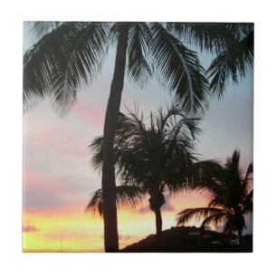 Sunset Palms Tropical Landscape Photography Ceramic Tile