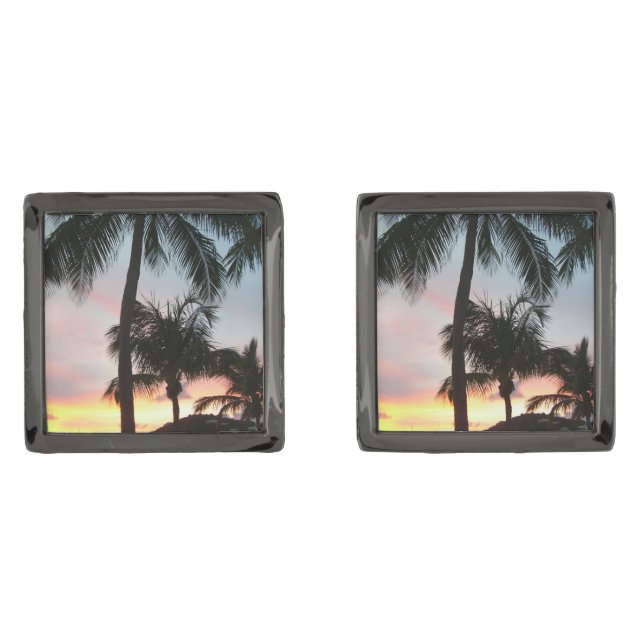 Sunset Palms Tropical Landscape Photography Cufflinks (Front)