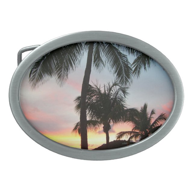 Sunset Palms Tropical Landscape Photography Oval Belt Buckle (Front)
