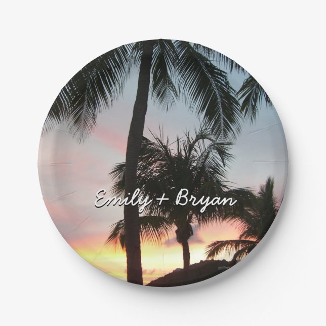 Sunset Palms Tropical Landscape Photography Paper Plates (Front)