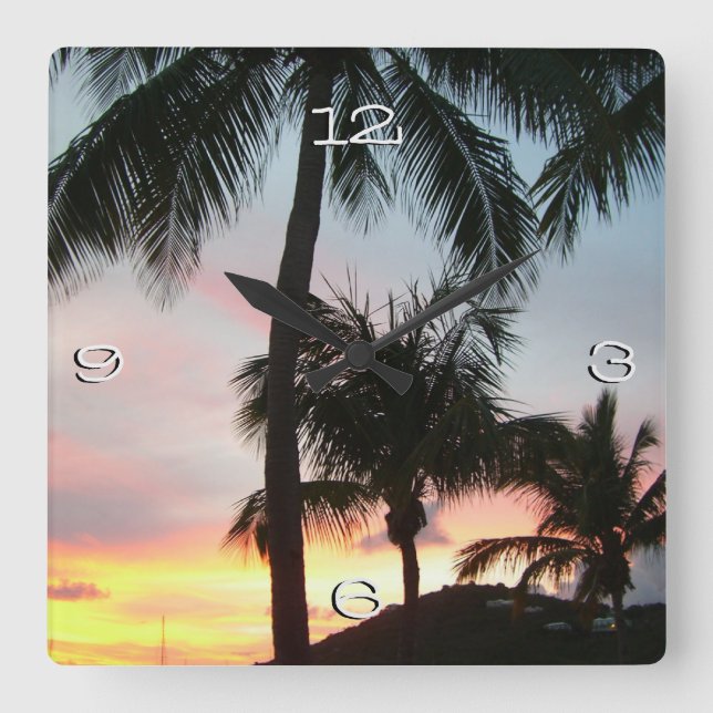 Sunset Palms Tropical Landscape Photography Square Wall Clock (Front)