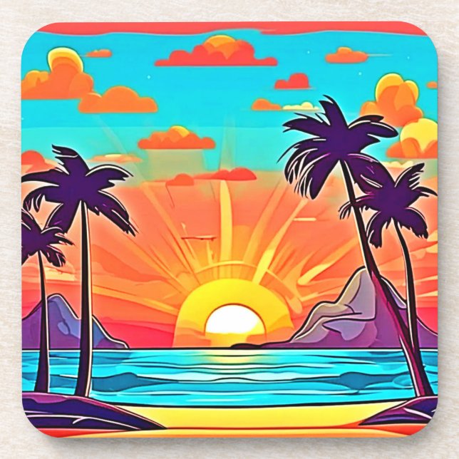 Sunset Palms: Tropical View Beverage Coaster (Front)
