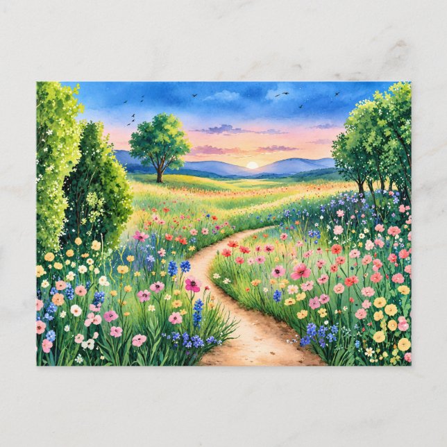 Sunset Path Through a Wildflower Meadow Postcard (Front)