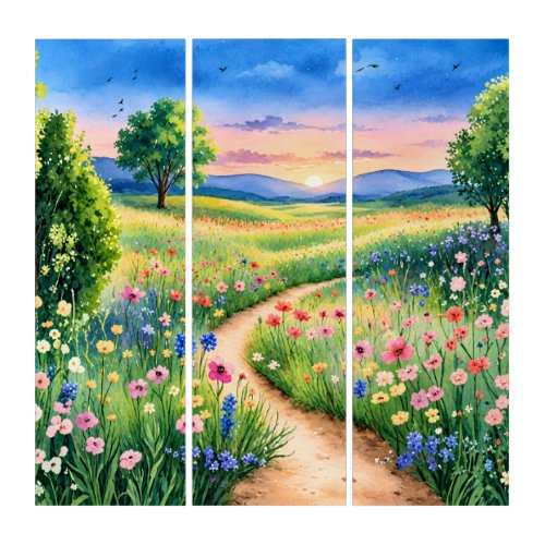 Sunset Path Through a Wildflower Meadow Triptych
